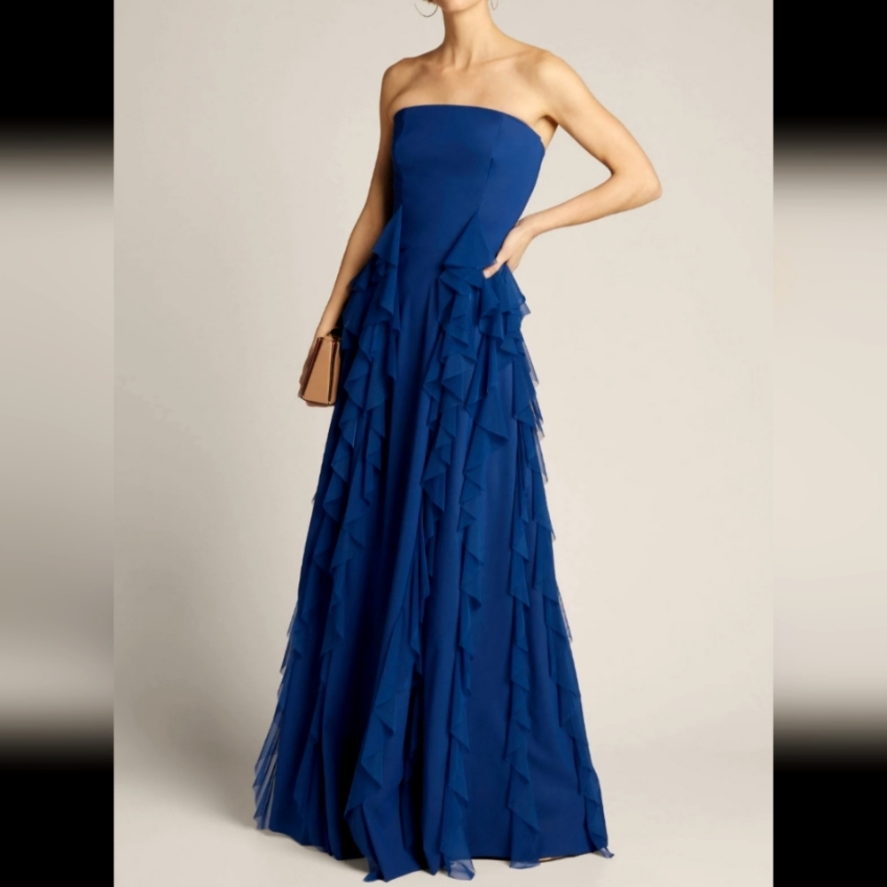 Chiara Boni Alanna Ruffled Gown Cobalt Blue Straight Across Tiered Maxi Dress
